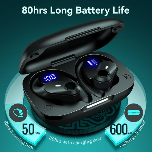 Active Noise Cancelling Wireless Earbuds Bluetooth Headphones 80H Playtime Ear Buds with Power Display Case Hi-Res Sound & Clear Calls Over Ear Hooks Earphones for Sports Running Gym Workout Black